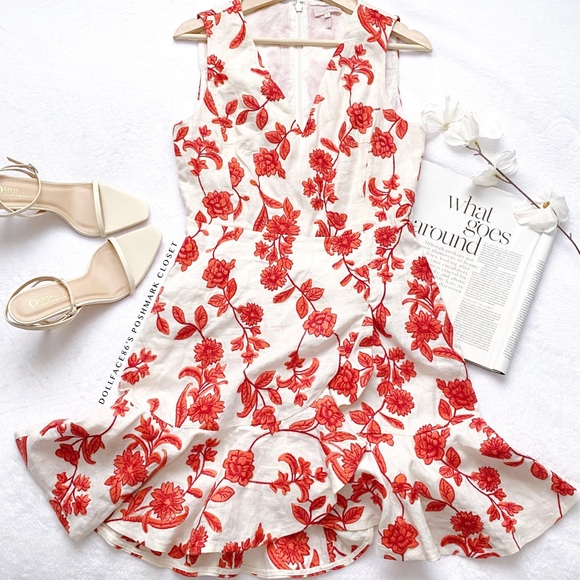 Rebecca Taylor Coral Embroidered Floral Print Linen Dress - Picture 4 of 14